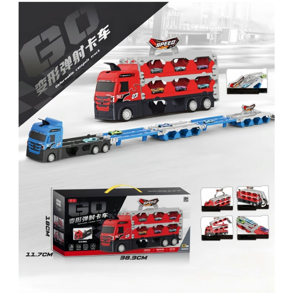 [Mẫu Mới]Đồ Chơi Xe Tải Container 3 Tầng Lắp Ghép Thành Đường Đua Dài 1,7M Kèm 4 Xe Oto Hợp Kim, Loạ