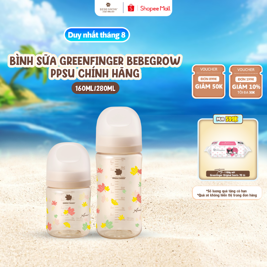 Bình sữa cho bé Greenfinger Bebegrow chất liệu nhựa PPSU an toàn, chịu nhiệt tốt 160ml/280ml Green Finger