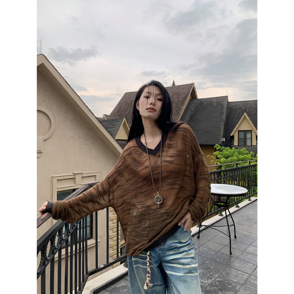 Áo len lưới mỏng nữ Form rộng Cá tính Cổ V Dài tay Streetwear Áo lưới mỏng nữ Cá tính Dáng rộng Cổ t