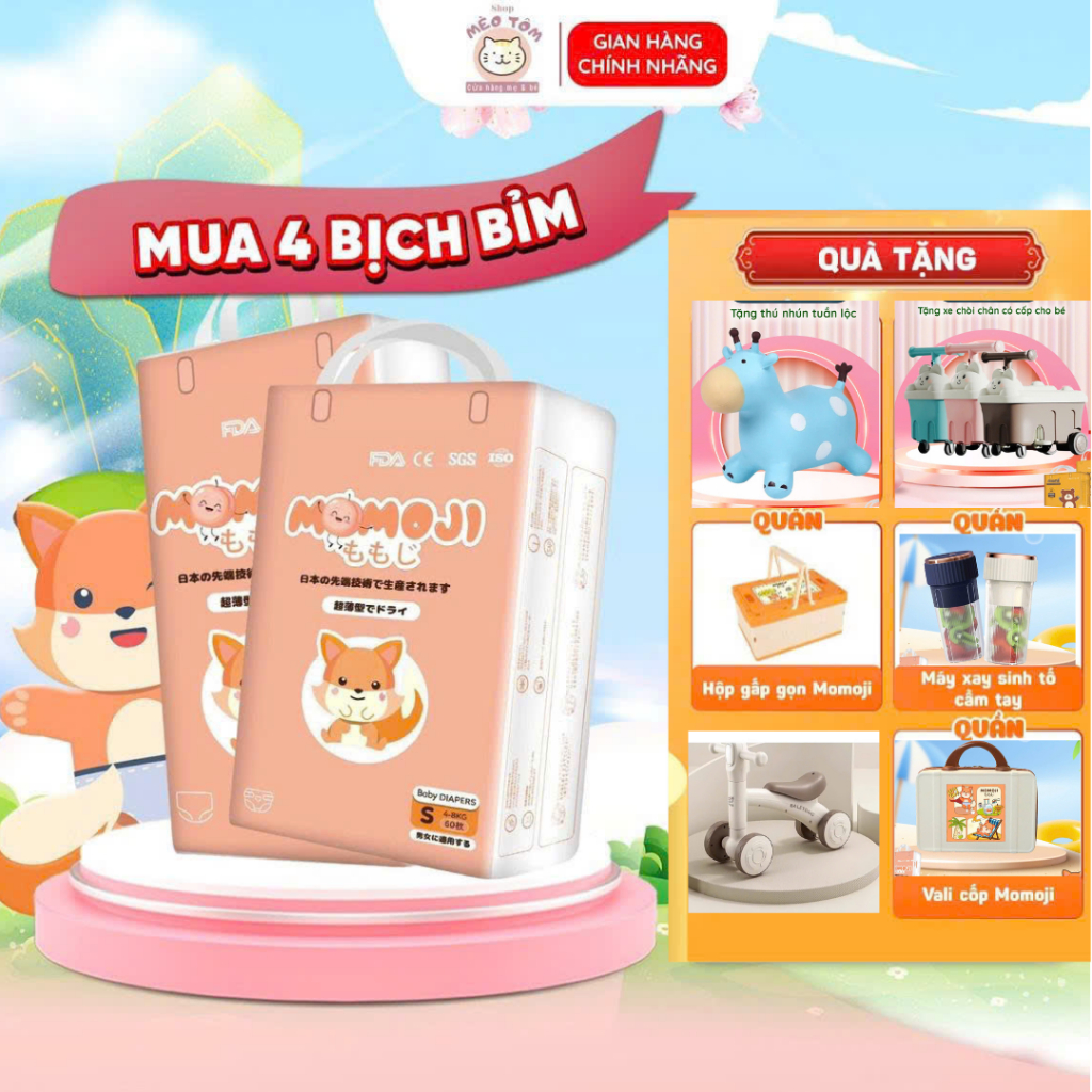 [Tặng quà]Combo 4 Bịch Tã/Bỉm Momoji cao cấp cho bé