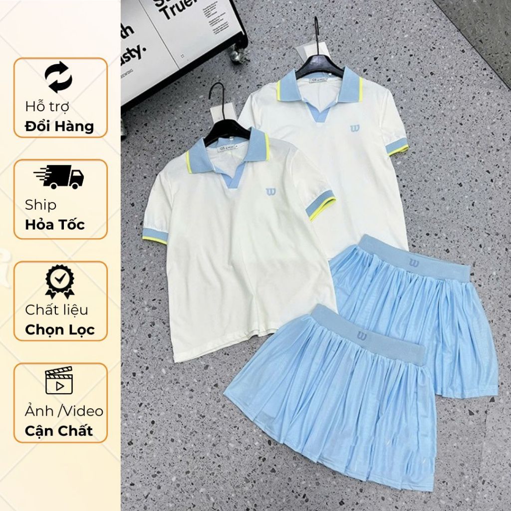 Set Áo Thun Nữ Cổ Bẻ Mix Váy Tennis Chơi Pickleball Basic Năng Động Thể Thao Sb6364 - TVXQC