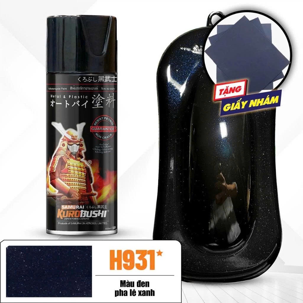 Sơn xịt màu đen pha lê ánh xanh H931 samurai 400ml chính hãng Chống Rạn Nứt Kháng Xăng Chất Lượng Ca