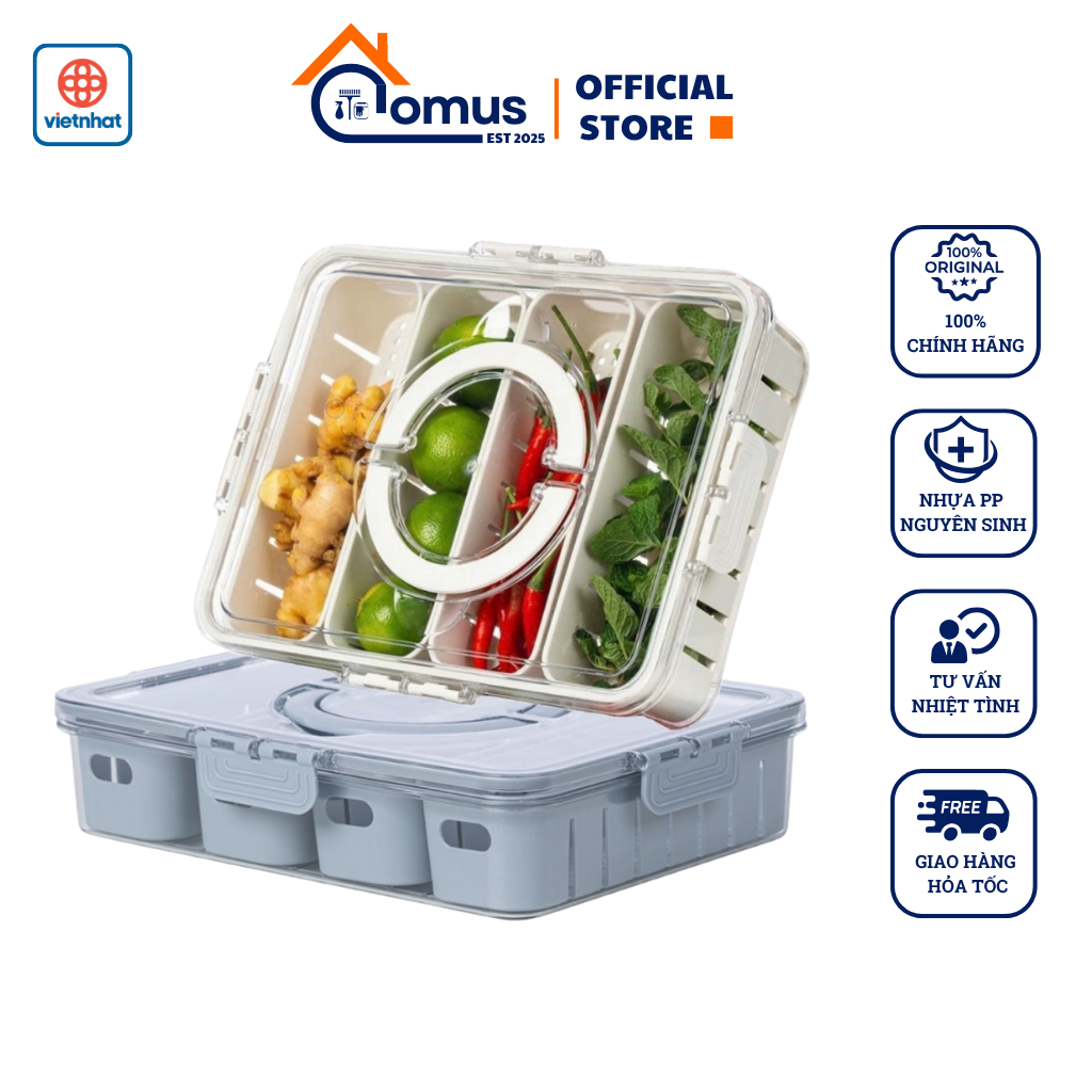 Hộp Đựng Thức Ăn  2 Lớp Tách Nước VIỆT NHẬT 6510, Hộp Nhựa Thực Phẩm 4 Ngăn Bảo Quản Đồ Ăn Tủ Lạnh