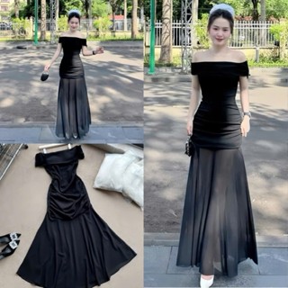 Váy ôm body trễ vai dáng dài phối đuôi cá voan màu đen nhún eo tôn dáng sexy, Đầm body đi chơi dự tiệc hàn quốc