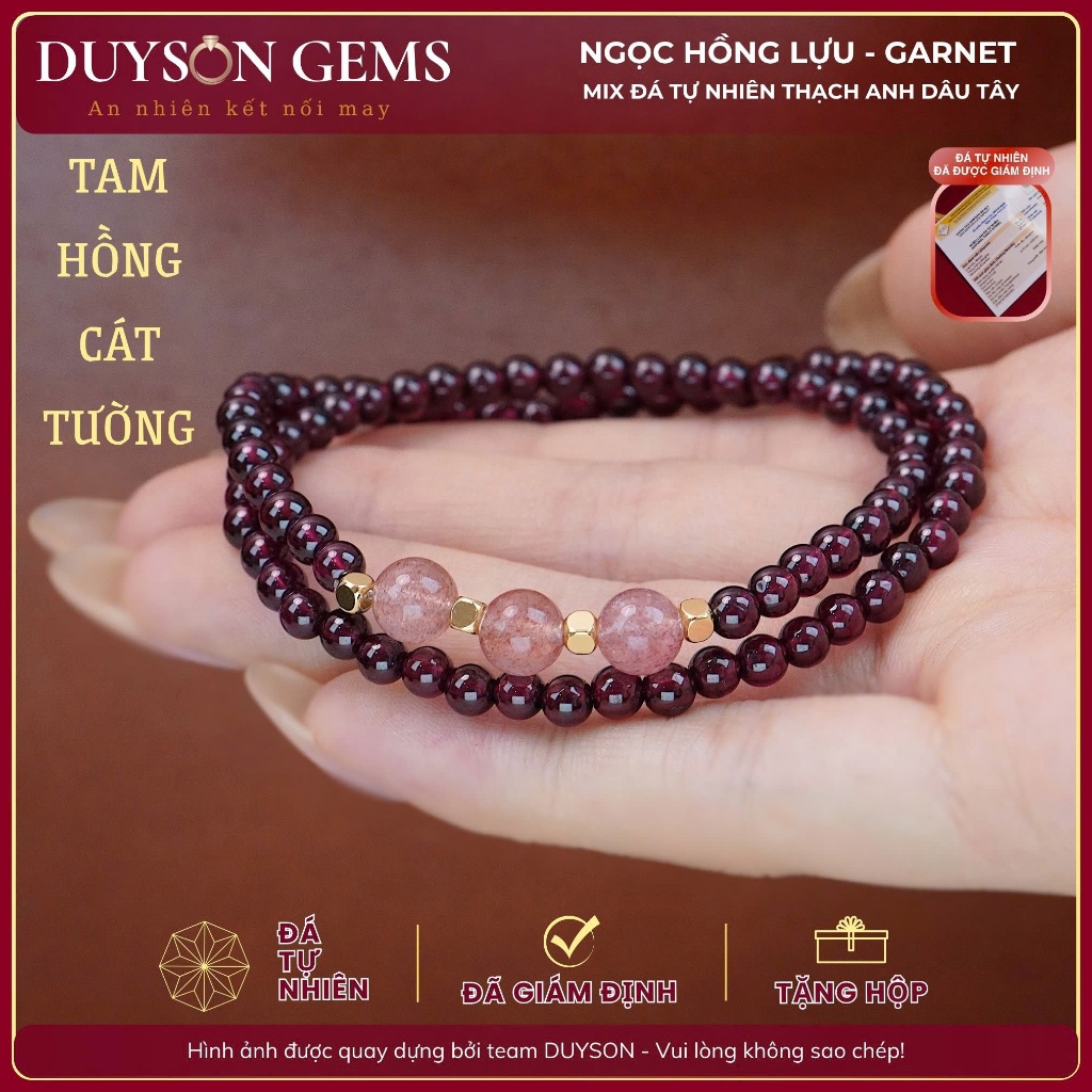 Vòng tay chuỗi quấn 2 vòng Garnet tự nhiên mix Thạch anh dâu hồng Duyson Gems