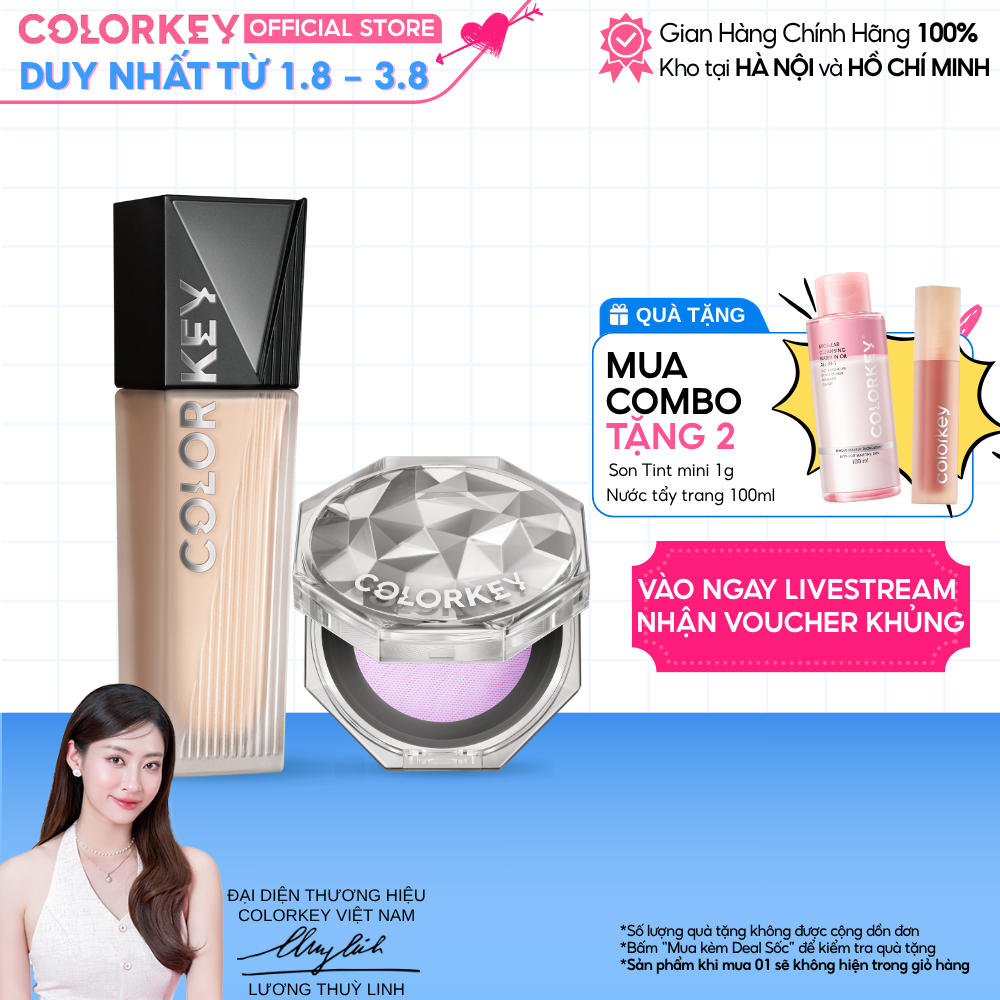 Combo Kem Nền Và Phấn Phủ COLORKEY Phù Hợp Cho Da Dầu Cho Lớp Trang Điểm Lì Mỏng Nhẹ và Lâu Trôi