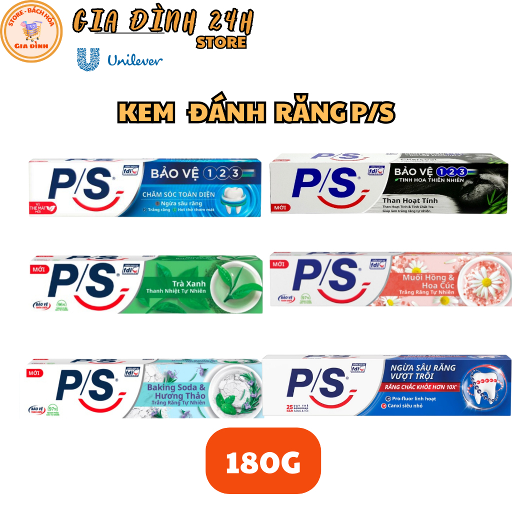 PS Kem Đánh Răng Trà Xanh,Than Hoạt Tính, Baking Soda, Muối Hồng, Bảo Vệ 123, Ngừa Sâu Răng |180g