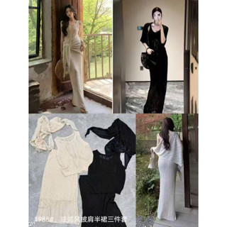 (Tặng kẹp tim xinh) Set bộ 3: Áo và váy ren len mềm kèm khăn choàng kem và đen co dãn dày dặn siêu xị