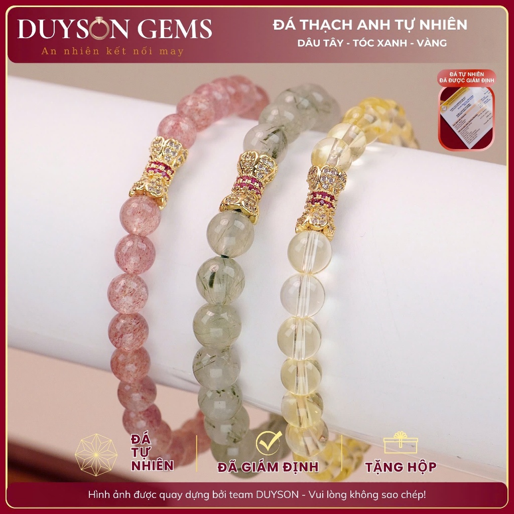 Vòng tay chuỗi thạch anh dâu hồng, tóc xanh, vàng tự nhiên mix charm lu thống mạ vàng Duyson Gems