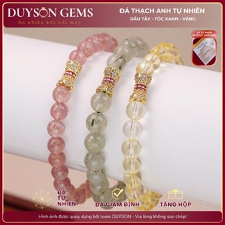 Vòng tay chuỗi thạch anh dâu hồng, tóc xanh, vàng tự nhiên mix charm lu thống mạ vàng Duyson Gems