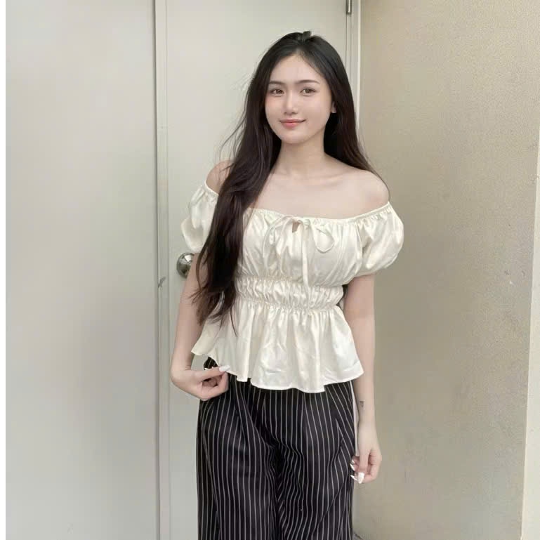 Áo Babydoll nữ xinh tay phồng tiểu thư,Áo kiểu trễ vai công chúa buộc nơ xinh xắn siêu hottrend | BigBuy360 - bigbuy360.vn