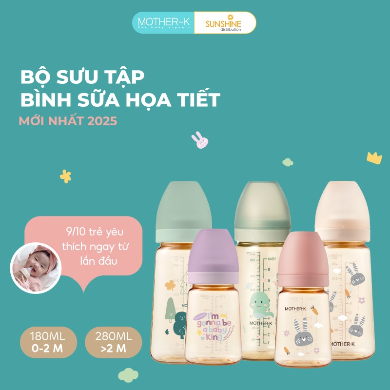 Bình sữa PPSU Hàn Quốc Mother-K - 180 ml/ 280 ml (họa tiết mới nhất 2026)
