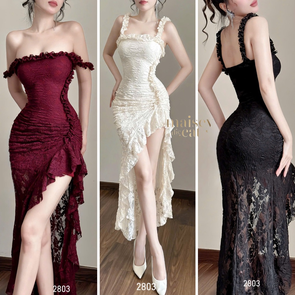  MAISEY 2803  Set đầm thun ren ôm body phối bèo nhún xẻ tà – Váy dạ hội quyến rũ sang trọng đi tiệc 