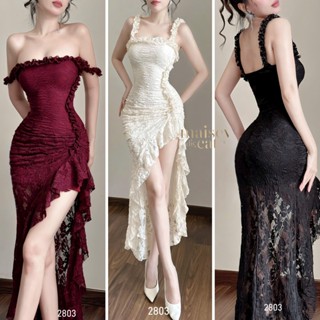 [MAISEY 2803] Set đầm thun ren ôm body phối bèo nhún xẻ tà – Váy dạ hội quyến rũ, sang trọng đi tiệc