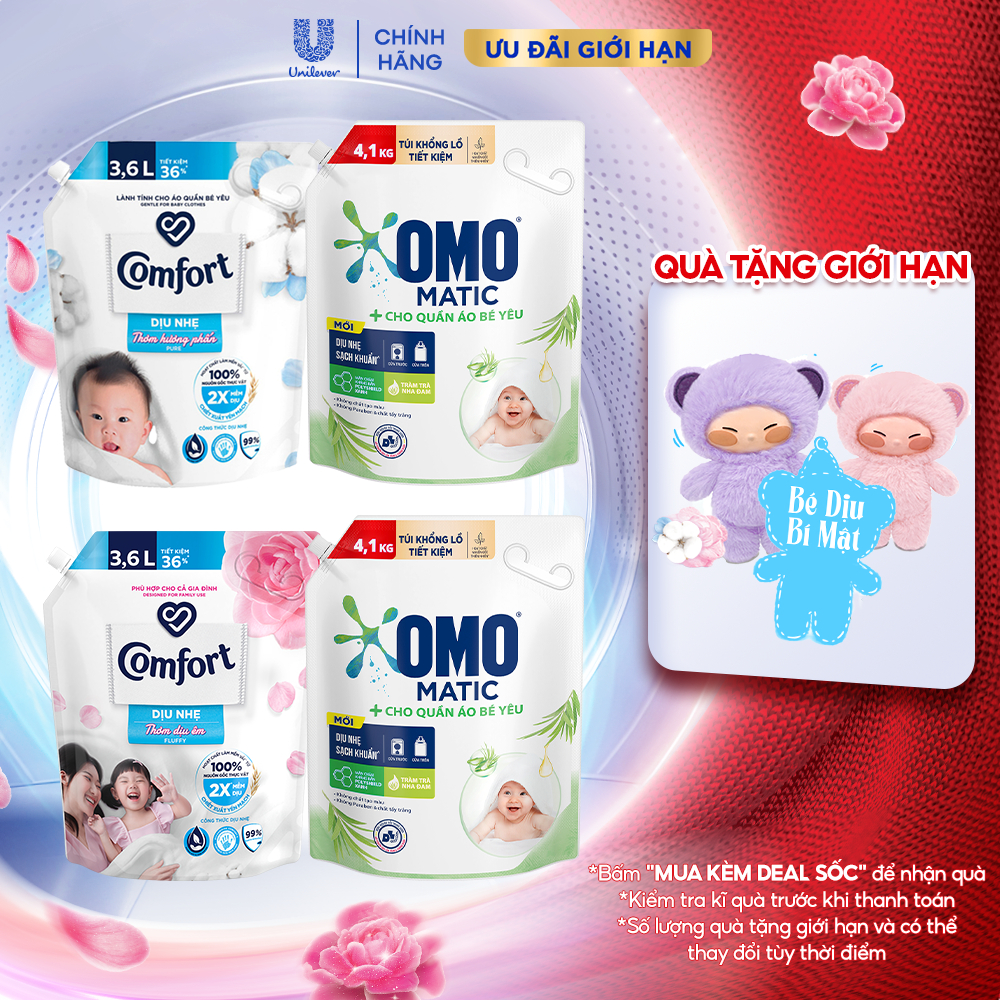Combo Túi Nước Giặt Omo Matic Cho quần áo bé yêu 4,1kg + Nước Xả Vải Comfort Dịu Nhẹ Túi 3,6L