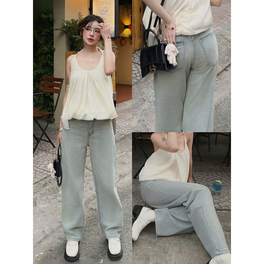 THE QUẠO - Quần Jeans Nữ Lưng Cao Ống Suông Dáng Dài Thêu Túi R0910_536 | BigBuy360 - bigbuy360.vn