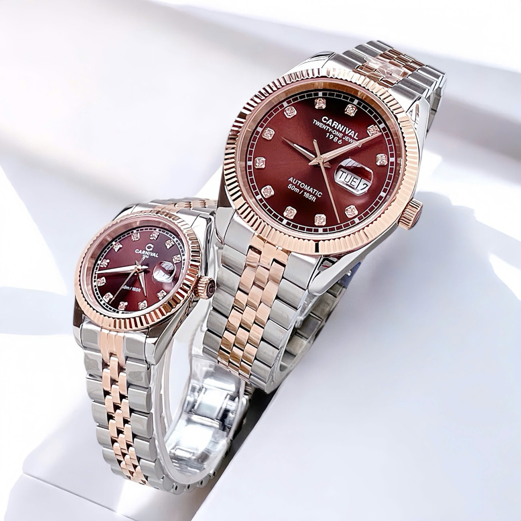 Đồng hồ đôi Carnival 8131G,8131L tiểu ro lếch sang trọng,nam sz40,nữ sz31mm,máy Nhật,kính sapphire,BH 5 năm