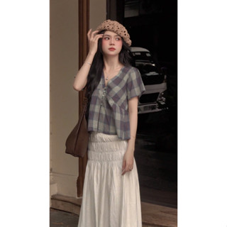 [SMOR.VN] Áo sơ mi kiểu nữ caro cổ V KAZU