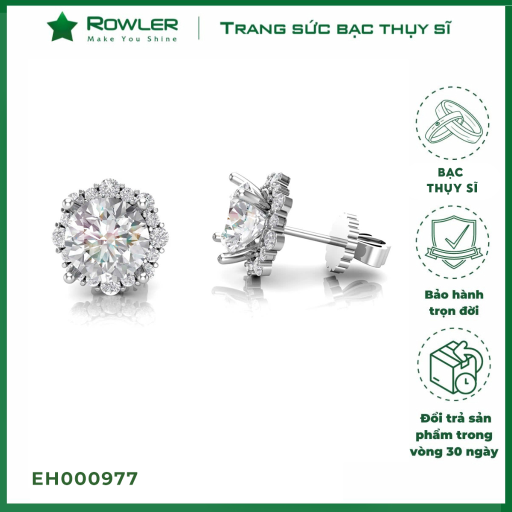 Bông tai bạc Thụy Sĩ HALO đính full đá Moissanite viên chủ 8.0ly  - ROWLER - EH000977