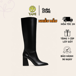 Bốt Ống Nữ Cao Gót Mũi Nhọn, Boots Ống Cổ Cao Đến Gối Mũi Nhọn Gót Vuông 9cm Da Pu Màu Đen, Bốt Nữ Xuất Xịn YAMI