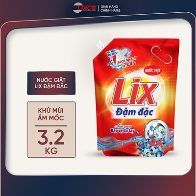 Nước giặt Lix đậm đặc sạch thơm hương hoa túi 3.2kg làm sạch cực nhanh vết bẩn tăng gấp đôi sức mạnh giặt tẩy quần áo