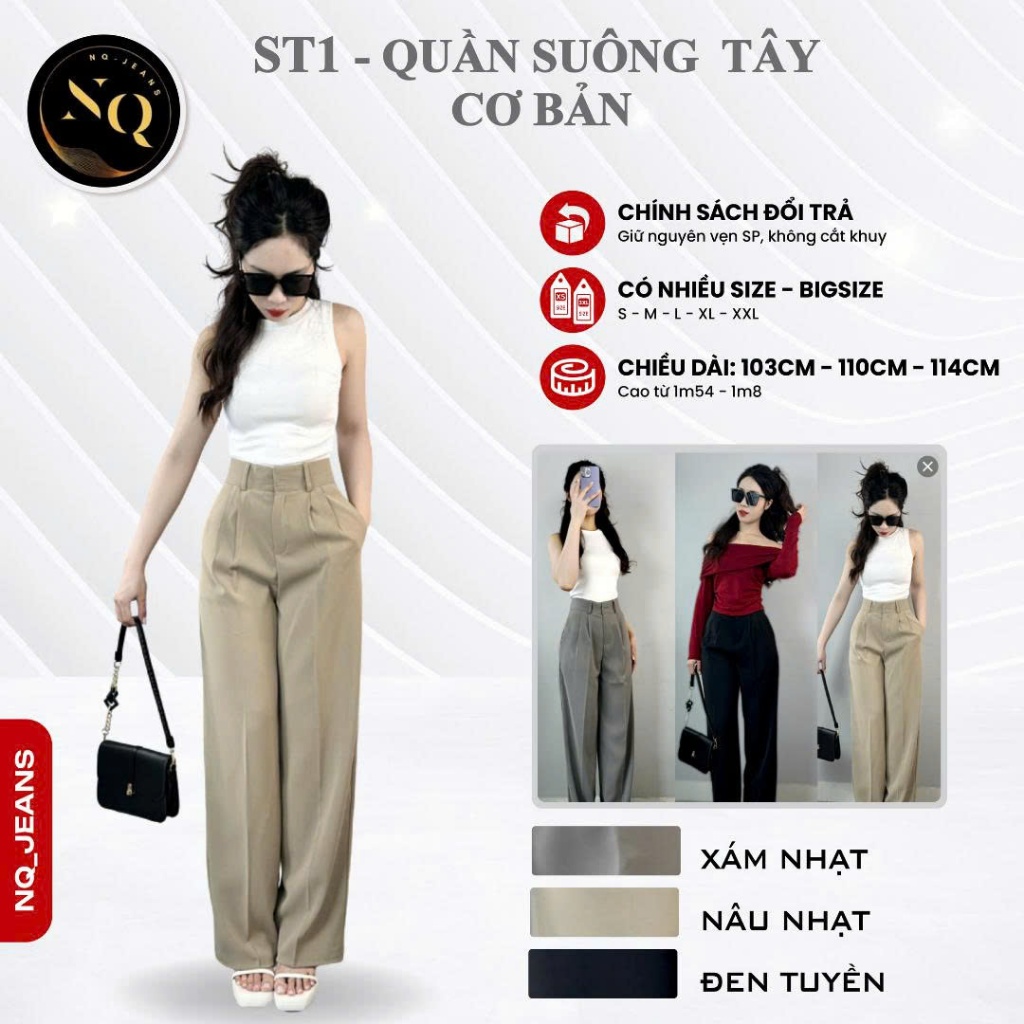 St1 - Quần Suông Tây Có Túi Lưng Cao Cho Nữ Chất Vải Gold Nhật Dài 103 Và 115Cm NQ_Jeans