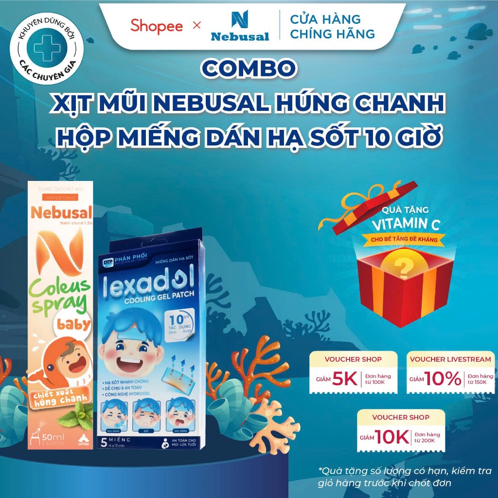Combo ƯU ĐÃI Xịt Mũi ưu trương Nebusal 1.3% Húng chanh và Miếng dán hạ sốt Lexadol hạ nhiệt nhanh ch