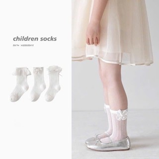 Set 3 đôi Tất Lưới Trắng cao cổ Bèo Ren nhún đính Nơ Kiểu cho bé Gái 
