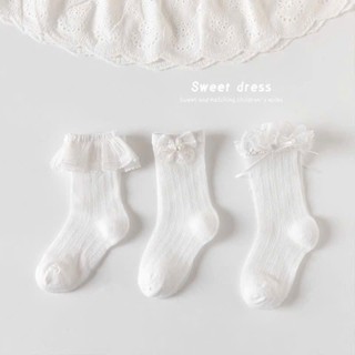 Tất cao cổ Bèo ren Xòe đính nơ Lưới mỏng màu trắng cho bé Gái múa văn nghệ 