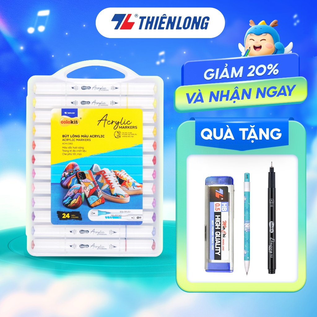 Bút lông màu Acrylic Markers 2 đầu ngòi Thiên Long Colokit 12/24/36 Màu sắc tươi sáng, Trang trí đa chất liệu