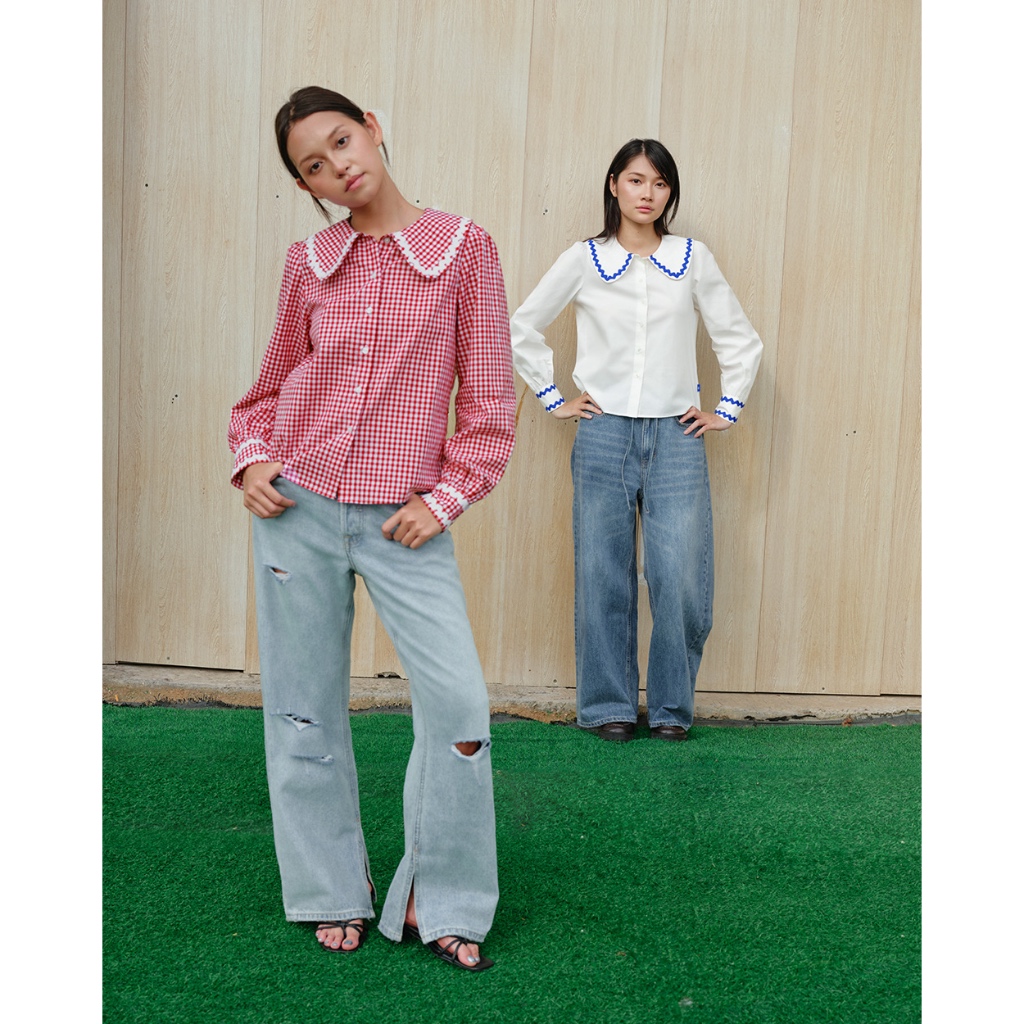 TheBlueTshirt - Áo sơ mi caro tay dài kiểu bèo tay nhún cho nữ - Jessie Shirt - Women | BigBuy360 - bigbuy360.vn