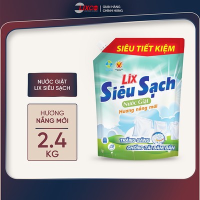 Nước giặt Lix siêu sạch túi 2.4kg làm sạch cực nhanh vết bẩn, tăng gấp đôi sức mạnh giật tẩy