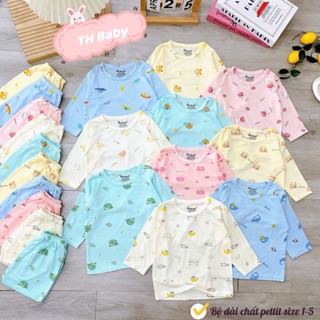 Combo 3-5 bộ quần áo dài tay cúc vai chất liệu thun lạnh petit nền màu nhiều hình họa tiết cho bé (3-13kg)