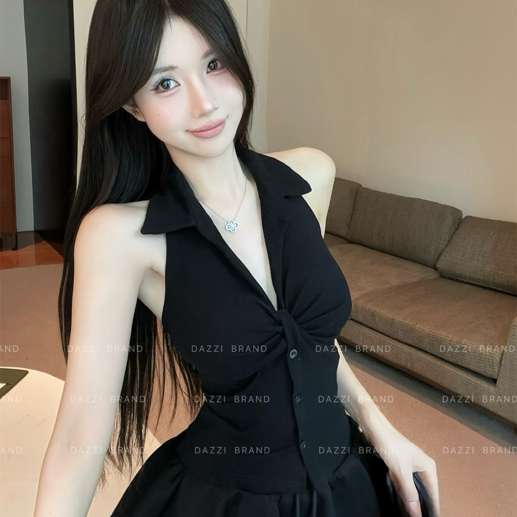 Áo yếm cổ bẻ thiết kế xoắn phối nút ôm body chất cotton mềm DAZZI Women A049 | BigBuy360 - bigbuy360.vn