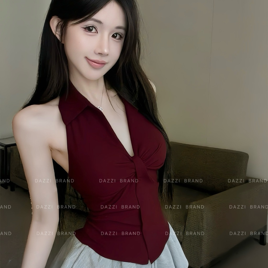 Áo yếm cổ bẻ thiết kế xoắn phối nút ôm body chất cotton mềm DAZZI Women A049