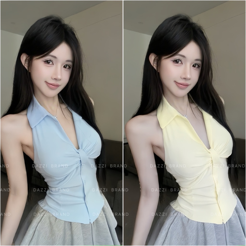 Áo yếm cổ bẻ thiết kế xoắn phối nút ôm body chất cotton mềm DAZZI Women A049 | BigBuy360 - bigbuy360.vn