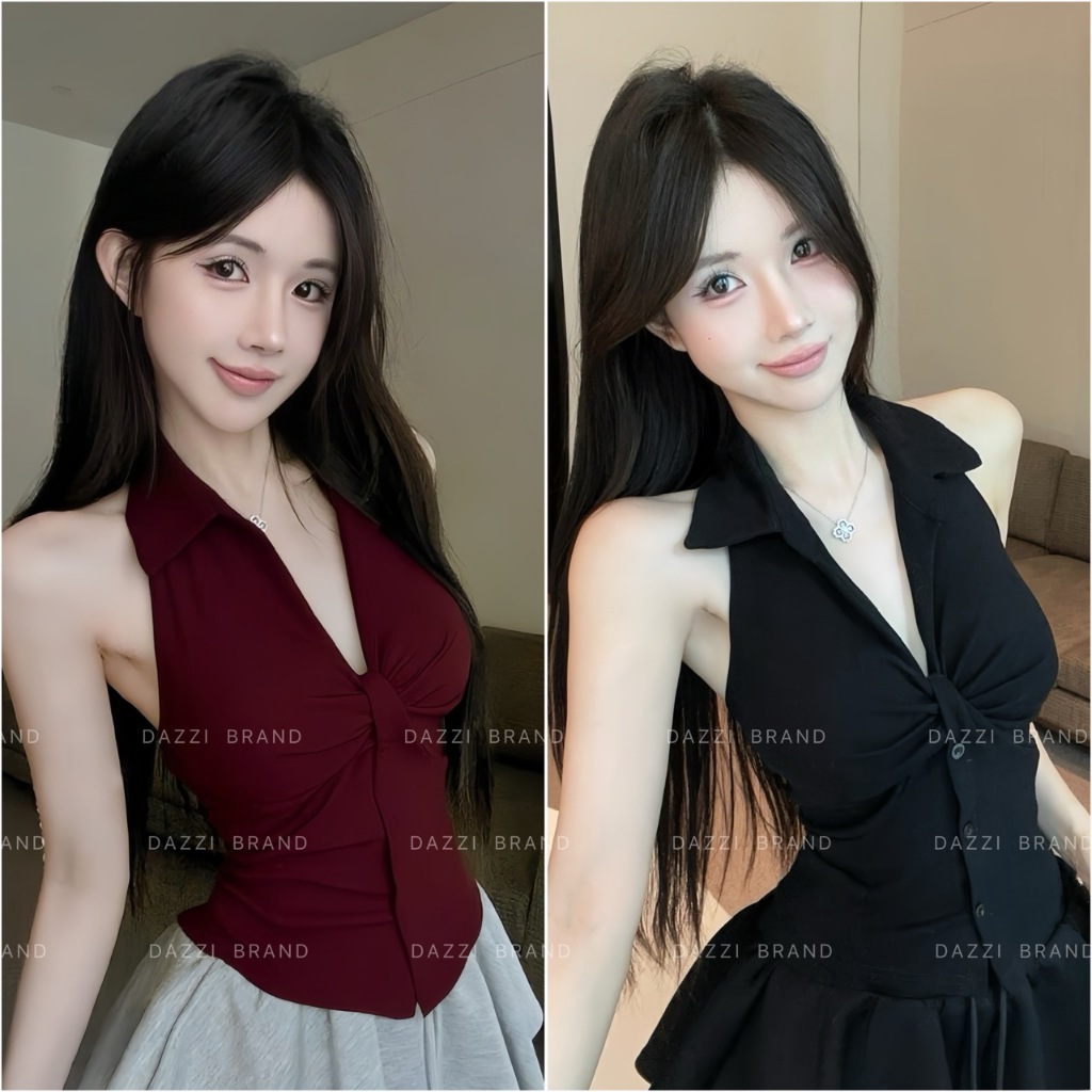 Áo yếm cổ bẻ thiết kế xoắn phối nút ôm body chất cotton mềm DAZZI Women A049 | BigBuy360 - bigbuy360.vn