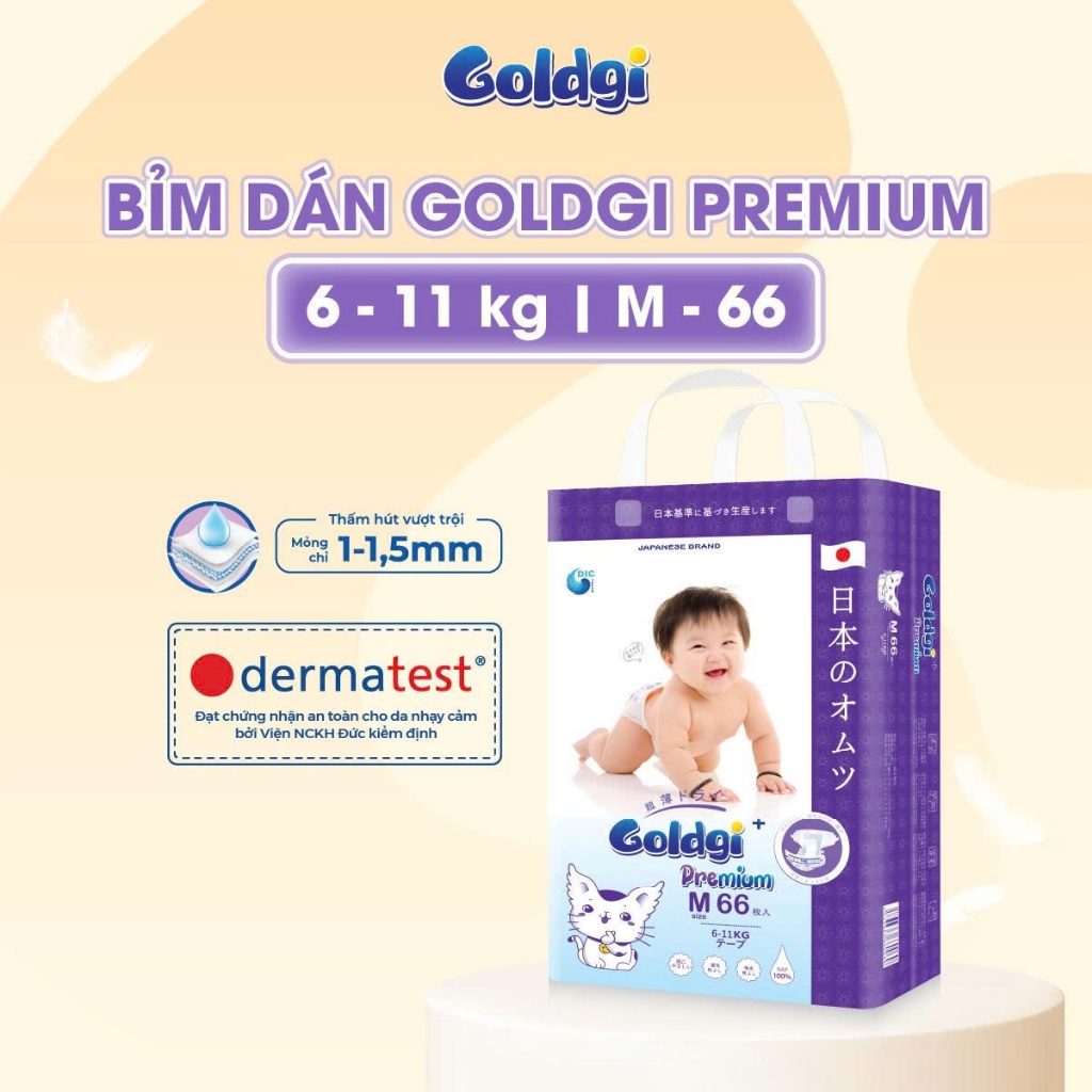 Bỉm Dán GOLDGI Size M ( 66 Miếng 6-11kg ) cao cấp bản Premium 2025