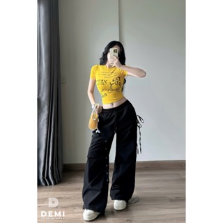 Set đồ nữ sang chảnh tiểu thư cá tính áo thun cổ tròn croptop phối quần suông dài ổng rộng thể thao thiết kế LONA Rose