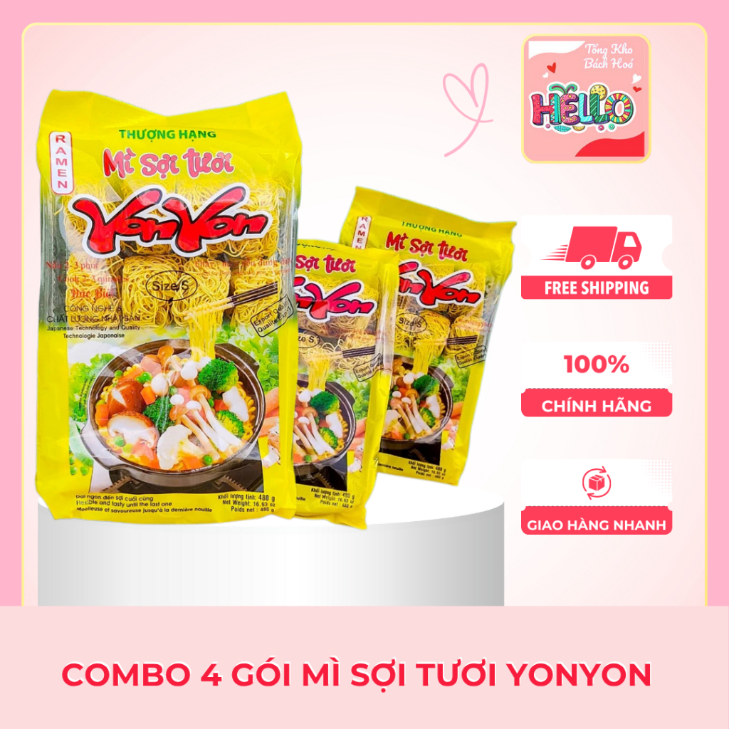 [Combo 4 Gói] Mì Sợi Tươi YON YON 480g – Mì Tươi Không Chiên, Dai Mềm, Mì Gói Chay