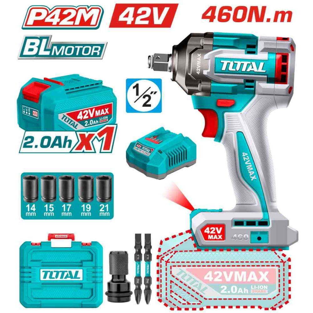 MÁY SIẾT BULOONG KHÔNG CHỔI THAN DÙNG PIN 42V TOTAL TIWLI42461