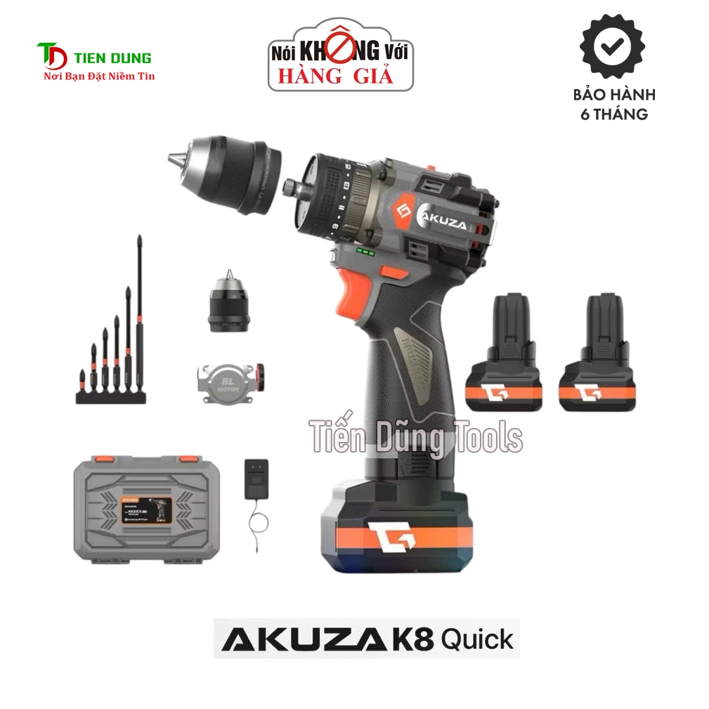 Khoan Pin AKUZA K8 QUICK Có Búa- Khoan pin 16,8V Không Chổi Than Đầu Kẹp 10mm,Tặng bộ mũi vít