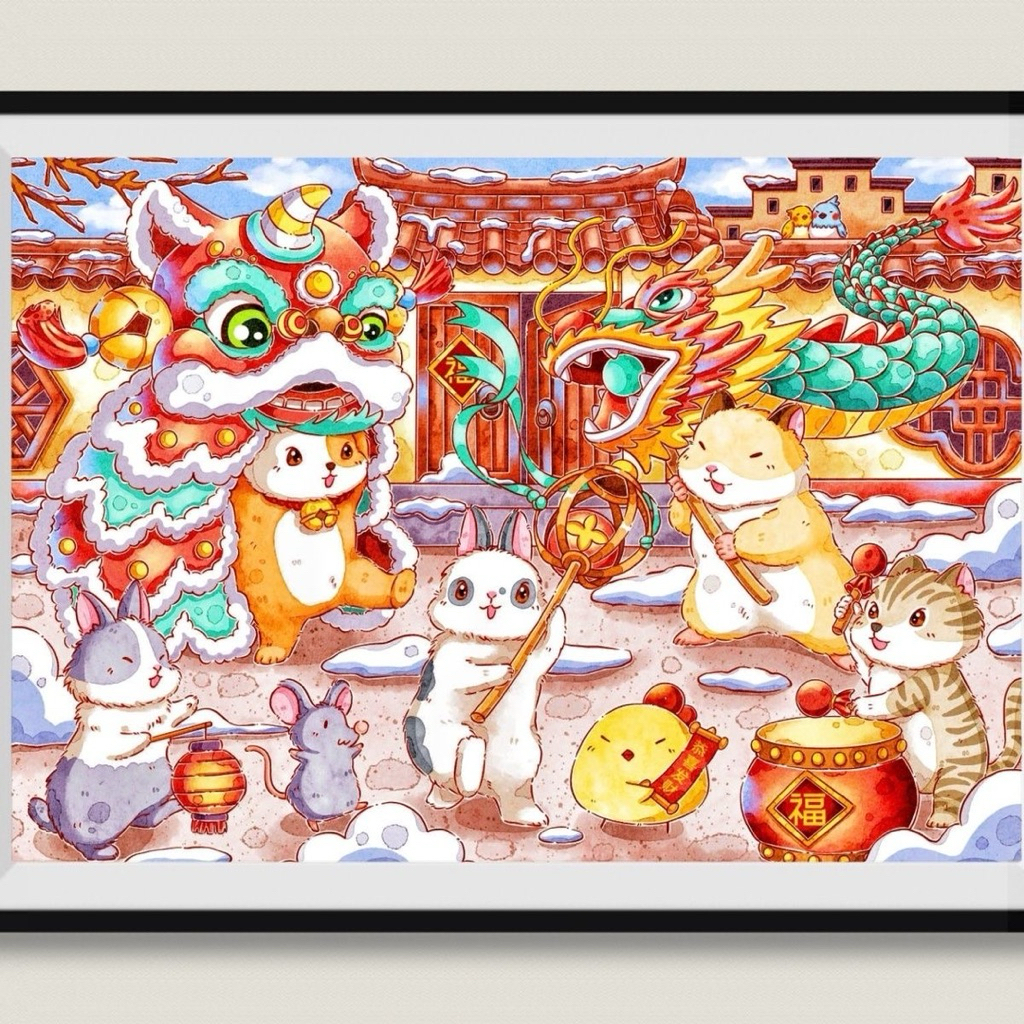 Tranh thêu chữ thập hoạt hình Múa lân ngày xuân 9ct kt 75x100 vải kim tuyến