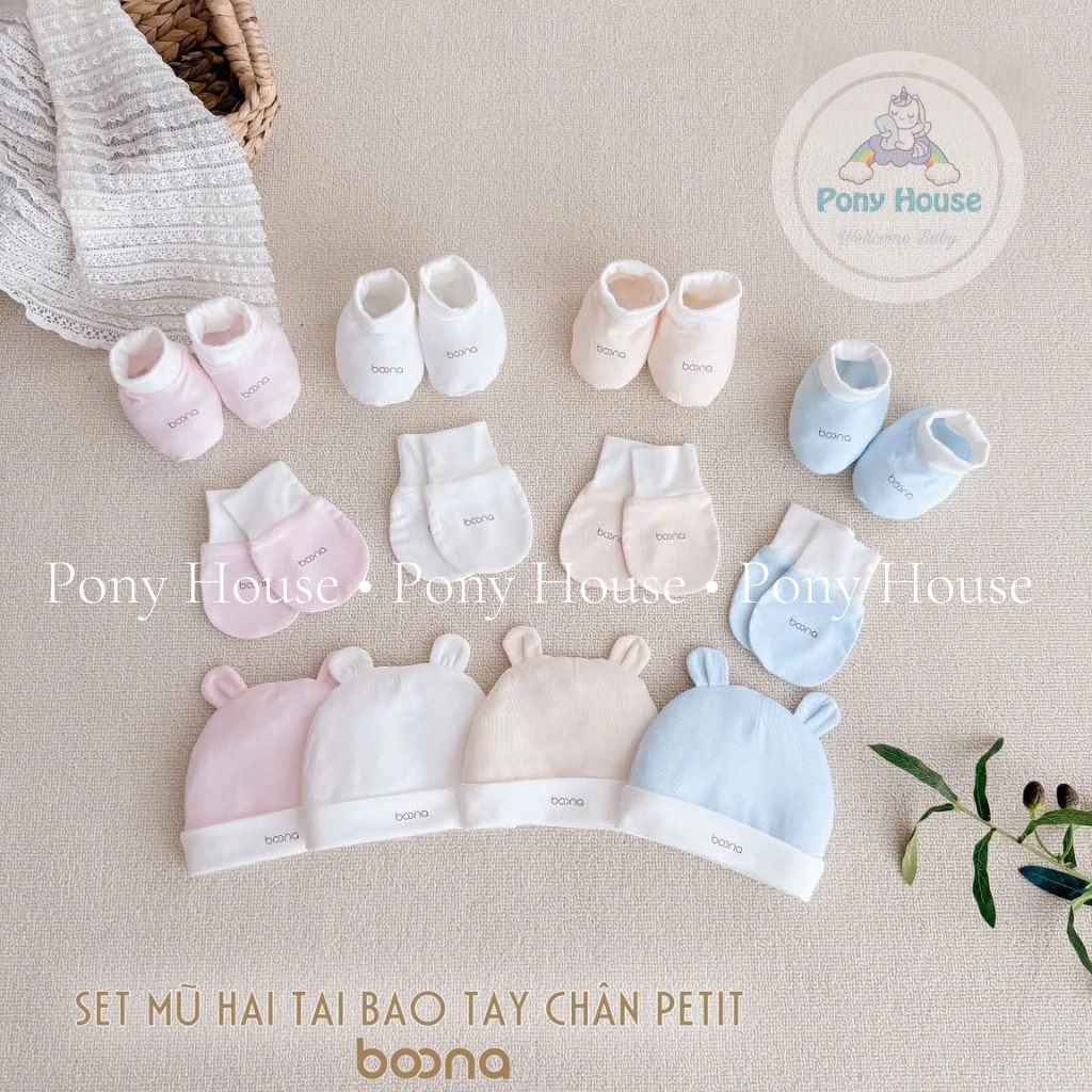 Set Mũ Bao Tay Bao Chân Sơ Sinh Boona Chất Petit Tai Gấu Dễ Thương Cho Bé Trai Bé Gái Sơ Sinh