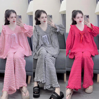 Set đồ bộ nữ babydoll dài dài họa tiết kẻ caro chất đũi xốp siêu xinh,set pijama kẻ kiểu dáng babydoll bánh bèo tiểu thư
