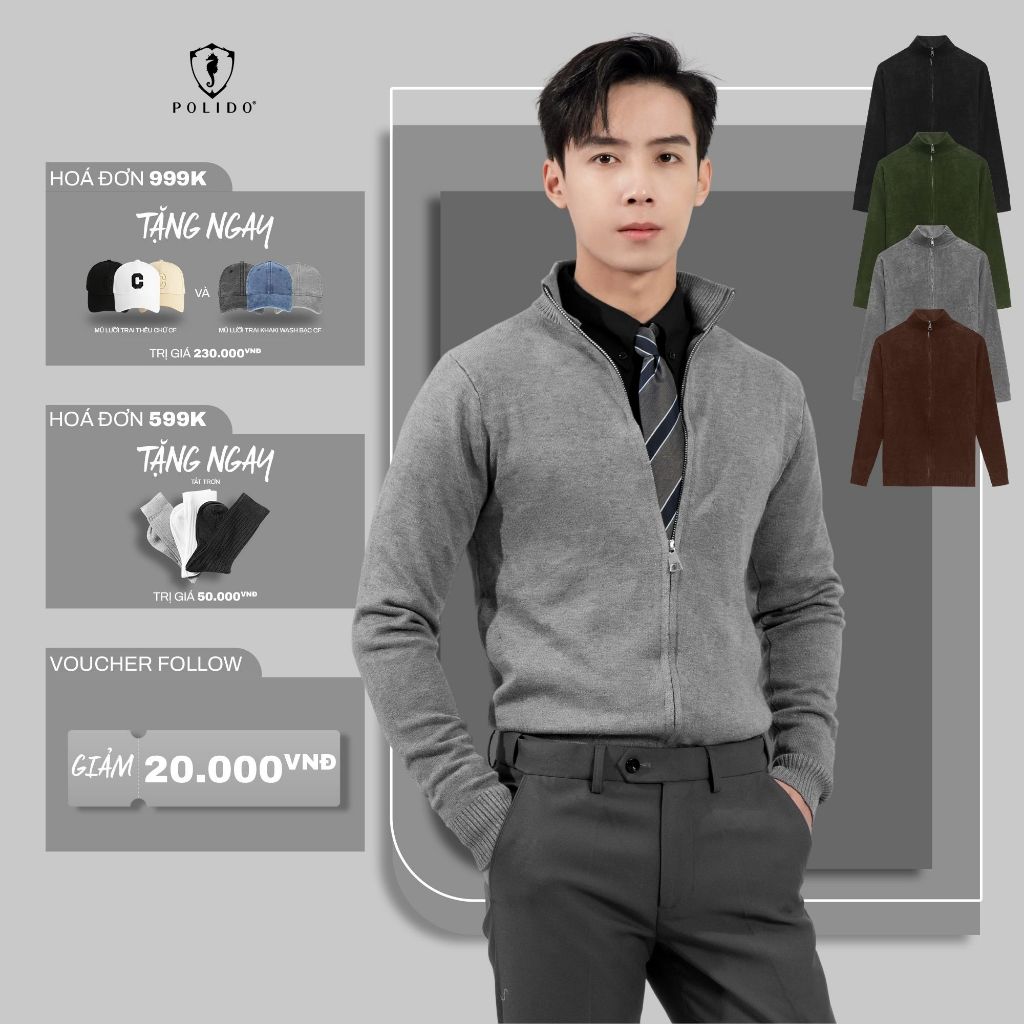 Áo khoác len nam  cổ dựng POLIDO chất len cao cấp dày dặn không bai xù phong cách Hàn Quốc