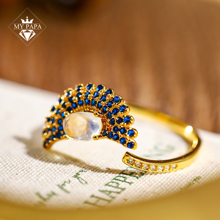 Nhẫn Bạc Khảm Moonstone Madagascar Dáng Đuôi Công MYPAPA - N26