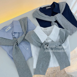 Áo sơ mi nữ tay ngắn 904 phối khăn choàng oversize trơn basic Hàn Quốc