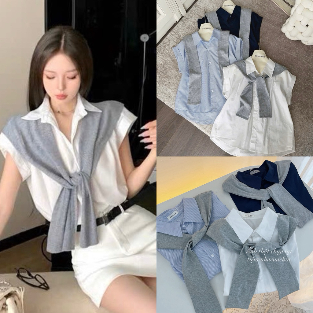 Áo sơ mi nữ tay ngắn 904 phối khăn choàng oversize trơn basic Hàn Quốc