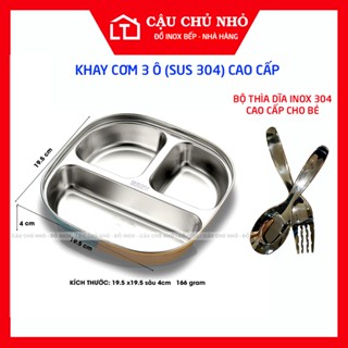 khay cơm inox 304 viền cong cao cấp cho bé, học sinh, đĩa cơm inox chia ngăn CẬU CHỦ NHỎ